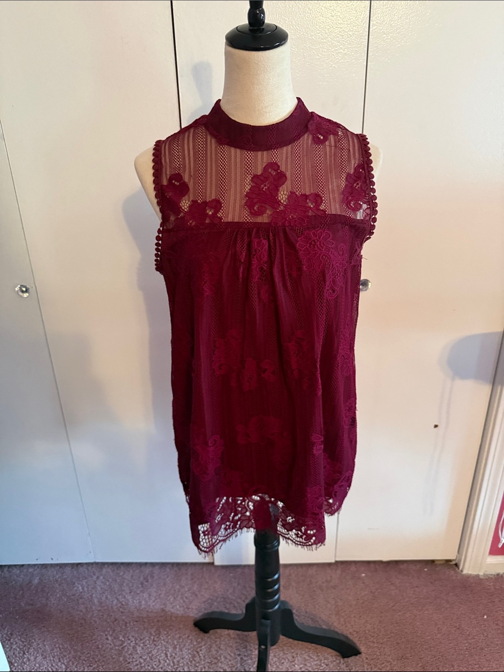 Sleeveless Lace Yoke Blouse in Burgundy